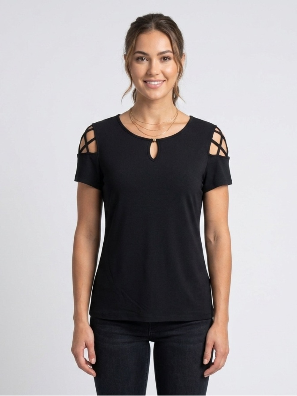 Susan Lawrence Black Cold-Shoulder Lattice Keyhole Top